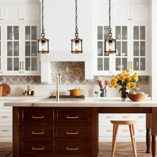 Modern Farmhouse Brown Chandelier 1-Light 6 in. Black Drum Mini Island Pendant Light with Seeded Glass Shades