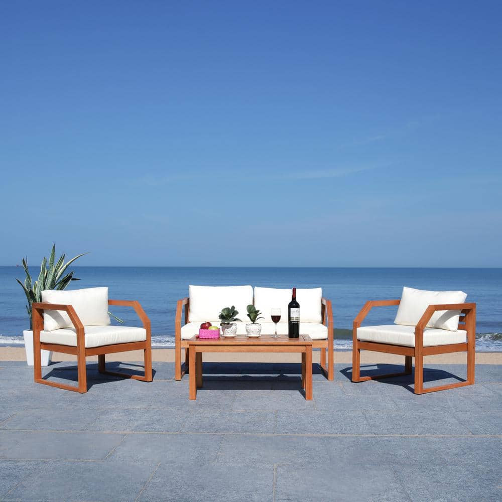 Natural Eucalyptus Wood 4-Piece Outdoor Living Set with Beige Cushions