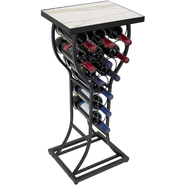 Mini Wine Stand with Faux White Marble Table Top, 11-Bottle Black Metal Wine Display Table, Free Standing Wine Rack