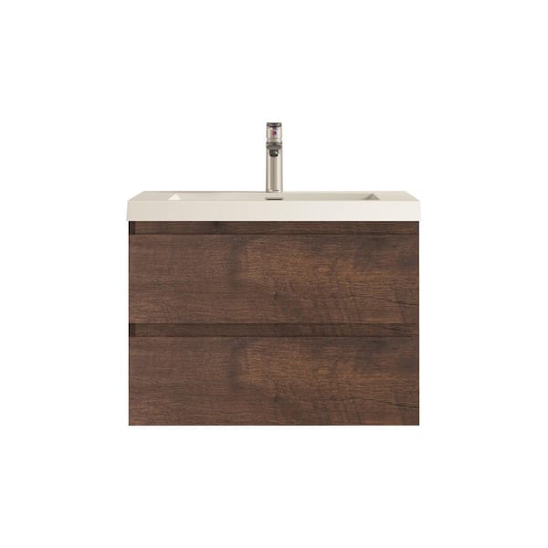 Angela 30 in. Single Rose Wood Bath Vanity Wall-Mounted Floating Vanities with Gloss White Resin Stone Top 2-Drawers