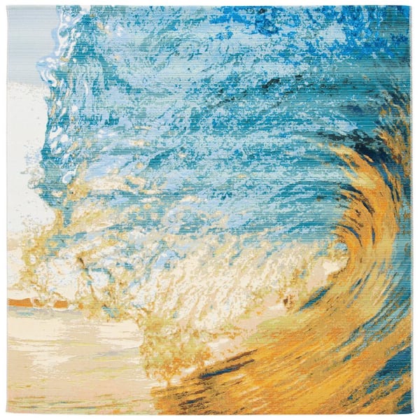 Barbados Blue/Gold 7 ft. x 7 ft. Nautical Ocean Indoor/Outdoor Patio  Square Area Rug