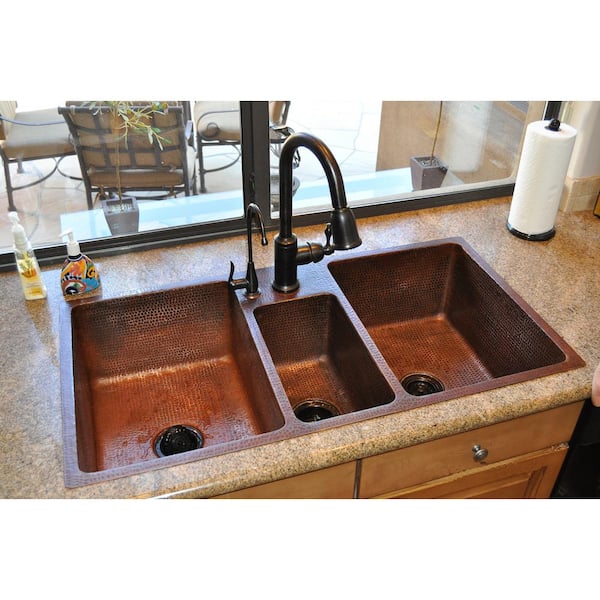 Premier Copper Products Undermount Hammered Copper 42 In 0 Hole Triple Bowl Kitchen Sink And Drain In Oil Rubbed Bronze Ksp3 Ktdb422210 The Home Depot