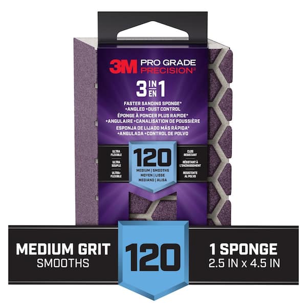 Pro Grade Precision 2.5 in x 4.5 in. x 1 in. Medium 120 Grit 3-in-1 Sanding Sponge (1-Pack)