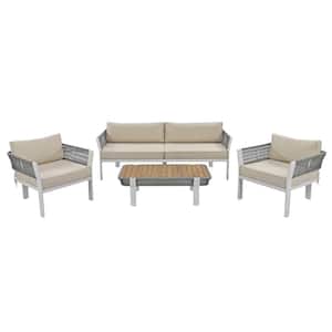White&Gray 4-Piece Metal Outdoor Patio Conversation Set with Coffee Table and Beige Soft Waterproof Cushions