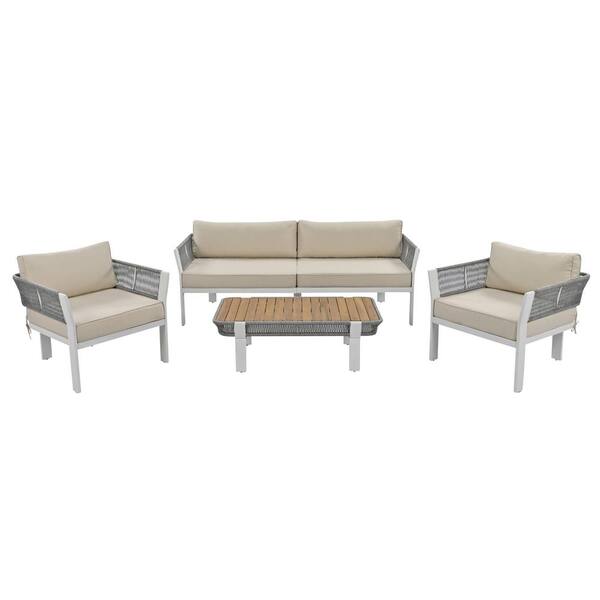 Sudzendf White&Gray 4-Piece Metal Outdoor Patio Conversation Set with Coffee Table and Beige Soft Waterproof Cushions