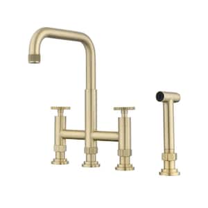 Double Handle Bridge Kitchen Faucet with Side Sprayer in Brushed Gold