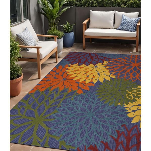 Blue, Yellow, Green 5 ft. x  7 ft. Woven Abstract Polyester Runner Indoor/Outdoor Area Rug