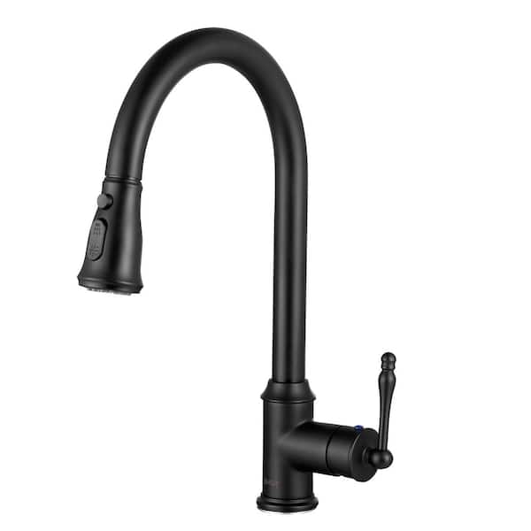 AKDY Easy-Install Single-Handle Pull-Down Sprayer Kitchen Faucet with Flexible Hose in Matte Black