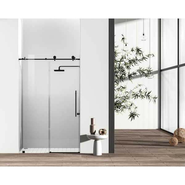 Unbranded Simply Living 48 in. W x 76 in. H Frameless Sliding Shower Door in Matte Black with Clear Glass