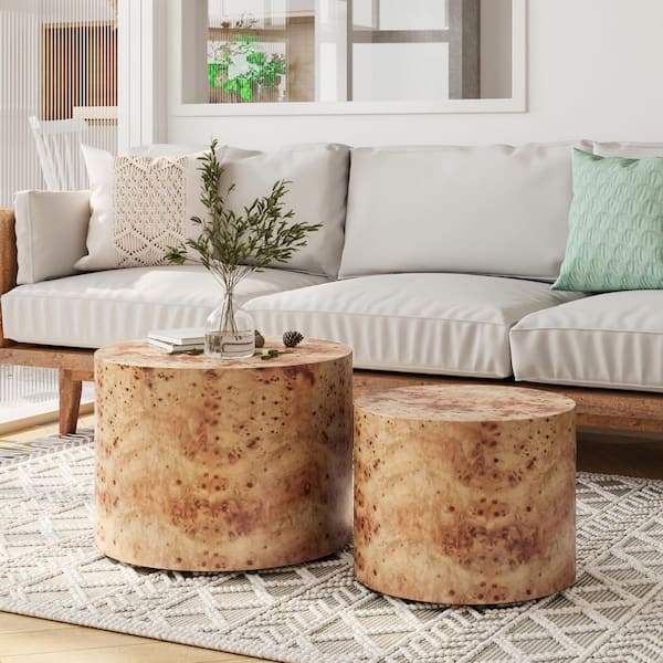 19 in. Natural Wood Round Nesting Solid Wood & MDF Design Coffee Table (Set of 2), for Farmhouse Living Room Balcony