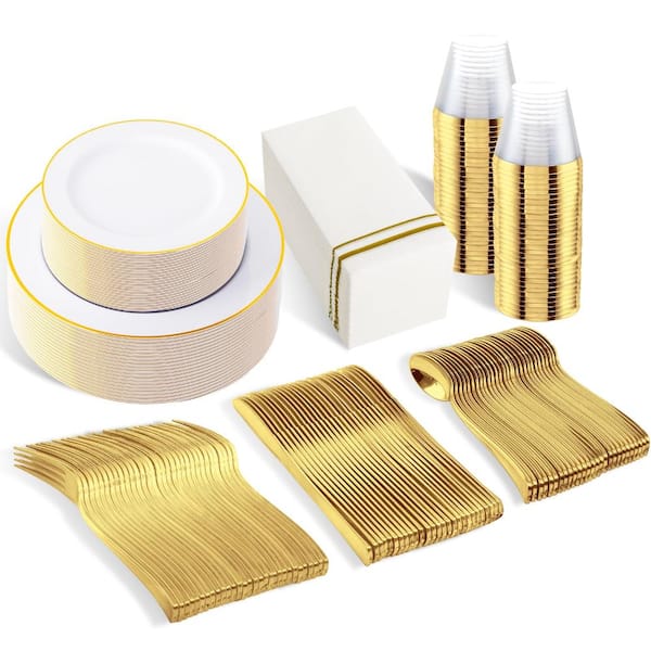 White and Gold Disposable Plastic Dinnerware Set with Dinner Plates, Cups, Cutlery, Napkins (Set of 350)