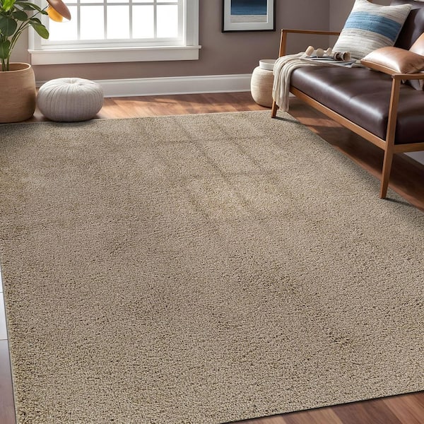 Silky 4 ft. x 6 ft. Beige Solid Plus Thick Pile Non Slip Easy Clean Non Shedding Modern Indoor Area Rug