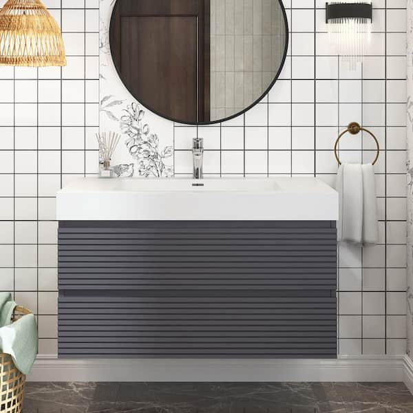 Unbranded 36 in. W Single Sink Wall-Mounted Bath Vanity in Gray with White Acrylic Top