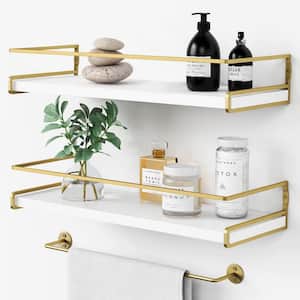 15 in. W x 6 in. D Bathroom Shelves Wall Mounted with Towel Rack Decorative Wall Shelf, (White-gold Set of 2)