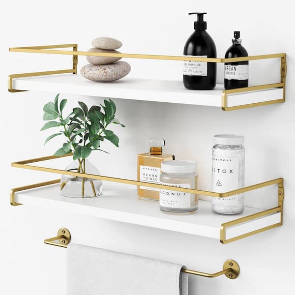 Unbranded 15 in. W x 6 in. D Bathroom Shelves Wall Mounted with Towel Rack Decorative Wall Shelf, (White-gold Set of 2)