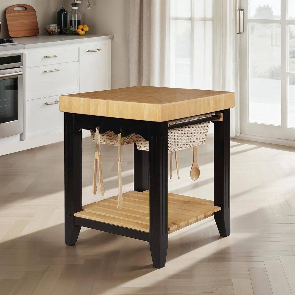Kolton 30" Square Black & Natural Butcher Block Kitchen Island
