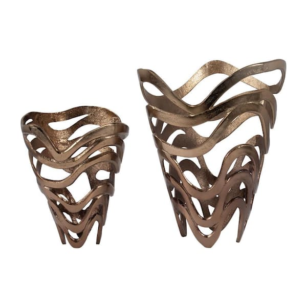 14 in. and 10 in. Gold Metal Geometric Abstract Tornato Decorative Vase (Set of 2)