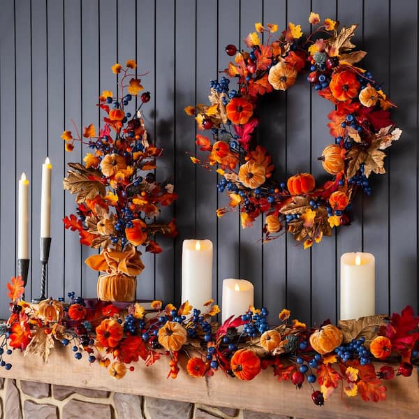 Evergreen Enterprises 59 in. Harvest Artificial Topiary Garland with Maple Leaves and Pumpkins