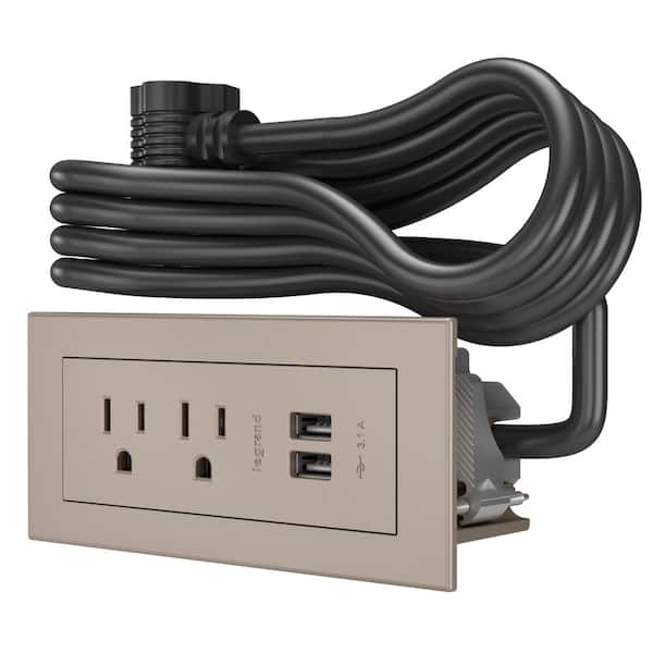 Legrand radiant 15 Amp Nickel 2-Outlet and 2 Type A USB Recessed Furniture Power Strip with 10 Ft. Cord