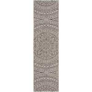 Courtyard Light Gray/Black 2 ft. x 14 ft. Runner Abstract Circle Floral Indoor/Outdoor Patio Area Rug