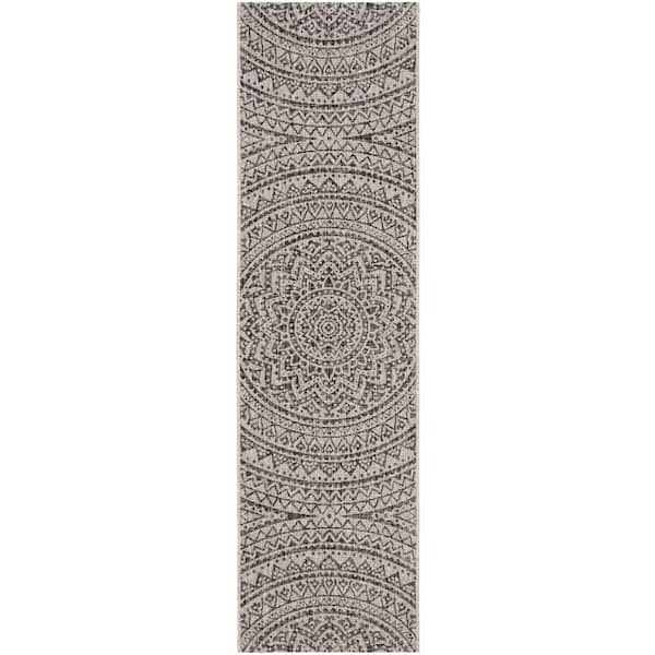 Courtyard Light Gray/Black 2 ft. x 22 ft. Medallion Indoor/Outdoor Runner Rug