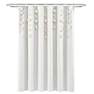 72 in. x 72 in. Boho Pom Pom Tassel Linen Shower Curtain Off White Single