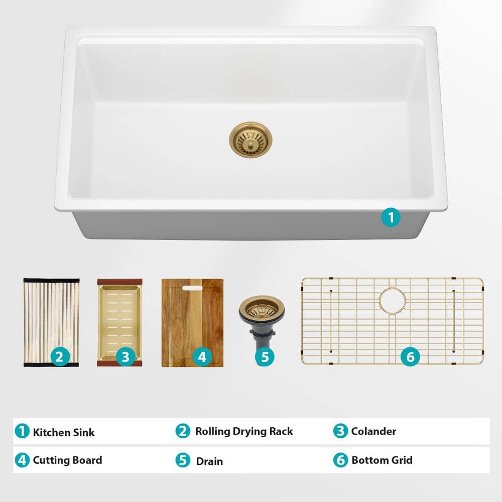 30 in. Undermount Single Bowl White Quartz Kitchen Sink with Drying Roll-up Rack and Colander price history on PriceWatchPro