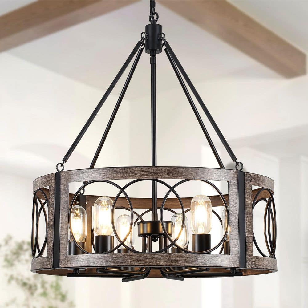 6-Light Black & Imitation Wood Grain Drum Farmhouse Chandelier Adjustable Pendant Light for Dining Room Kitchen Island price history on PriceWatchPro