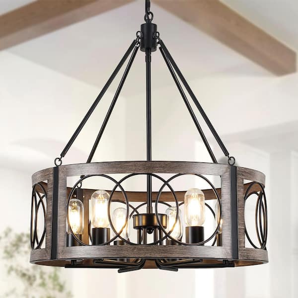 6-Light Black & Imitation Wood Grain Drum Farmhouse Chandelier Adjustable Pendant Light for Dining Room Kitchen Island