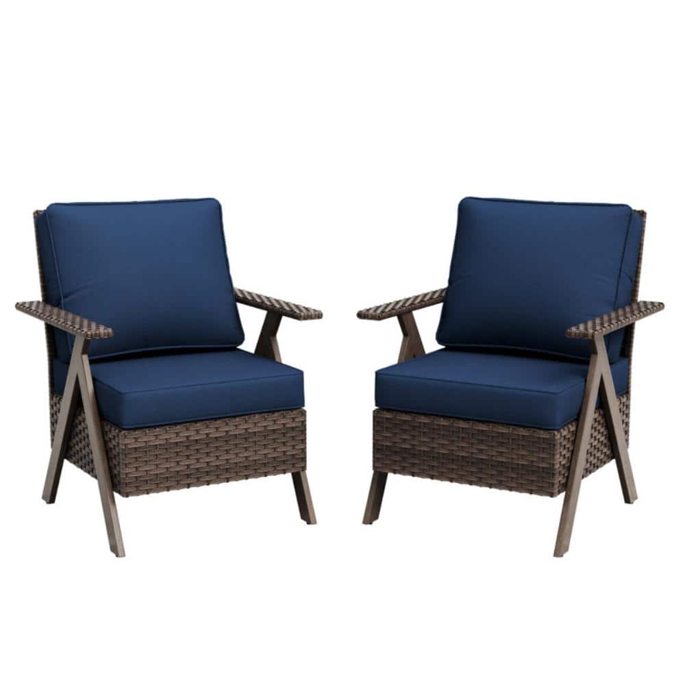 Outdoor Patio Brown Wicker Lounge Chair, All-Weather Wicker Armchair with R-Shaped Armrest and Blue Cushions (2-Piece) price history on PriceWatchPro