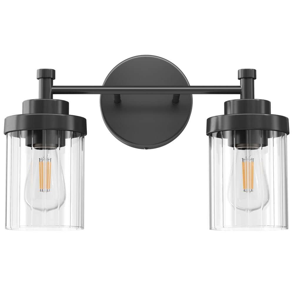 Merra 15.3 in. 2-Light Matte Black Modern Vanity Light with Clear ...