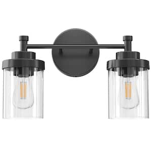 15.3 in. 2-Light Matte Black Modern Vanity Light with Clear Ribbed Glass Shades E26 Sockets