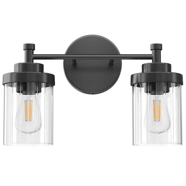 Merra 15.3 in. 2-Light Matte Black Modern Vanity Light with Clear Ribbed Glass Shades E26 Sockets
