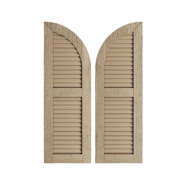 Ekena Millwork 12" x 56" Timberthane Polyurethane Rough Sawn 2-Equal Louvered Quarter Round Arch Top Faux Wood Shutters Pair in Primed
