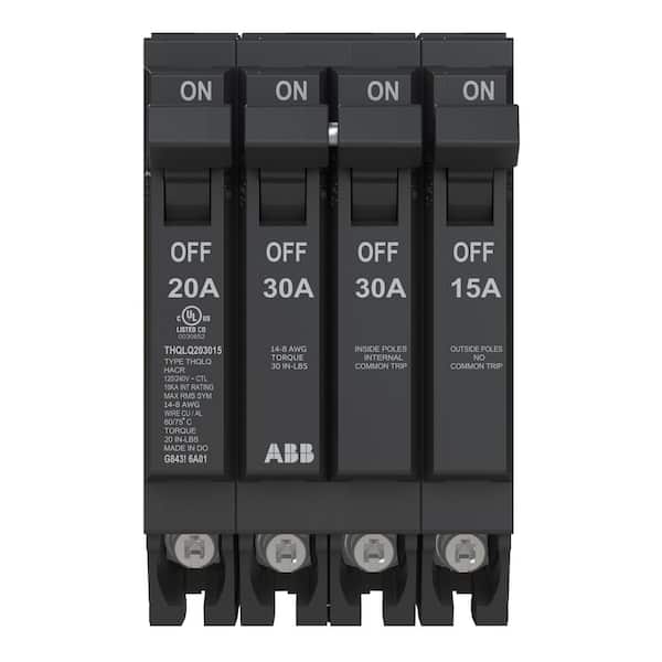 ABB 1-20 Amp Single-Pole 1-30 Amp Double-Pole 1-15 Amp Single-Pole Quad 120-Volt/240-Volt Circuit Breaker (THQLQ203015A)