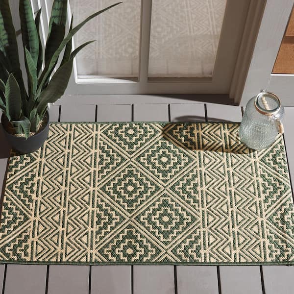 Courtyard Dark Green/Beige 2 ft. x 4 ft. Geometric Chevron Ikat Indoor/Outdoor Area Rug