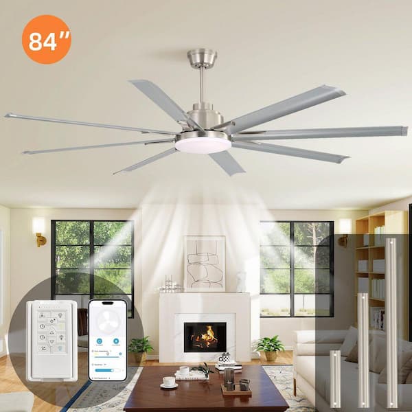 84 in. Modern Downrod Mount Ceiling Fan with Dimmable Light, DC Motor, 8 Aluminum Blades, Remote Control, Silver