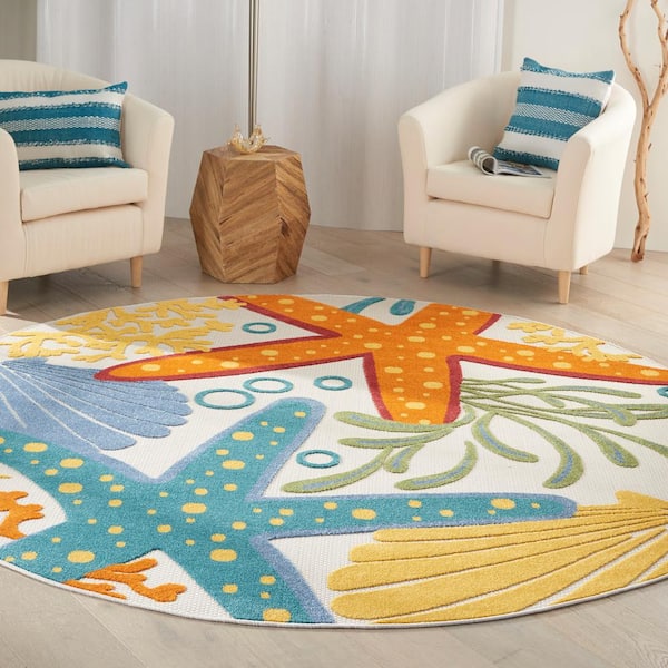 Aloha Multicolor 8 ft. x 8 ft. Round Nautical Contemporary Indoor/Outdoor Patio Area Rug