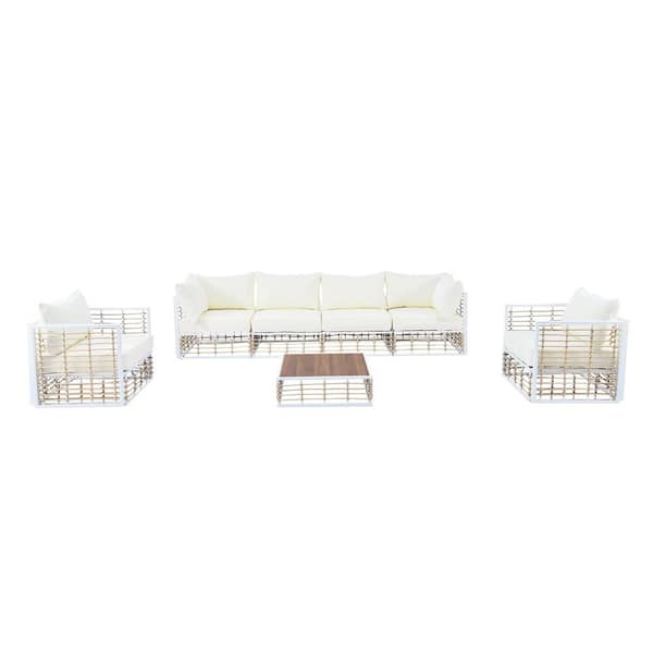 7-Piece White Metal Minimalist Outdoor Sectional Set with Thick Cushions and Coffee Table