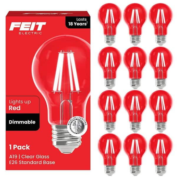 25-Watt Equivalent A19 Dimmable Filament Red Colored Glass E26 Medium Base LED Light Bulb (12-Pack)