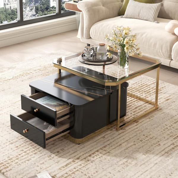 Tenleaf 2 Pieces 27.6 in. Modern Black Square Glass Nesting Coffee Table with Drawers for Living Room
