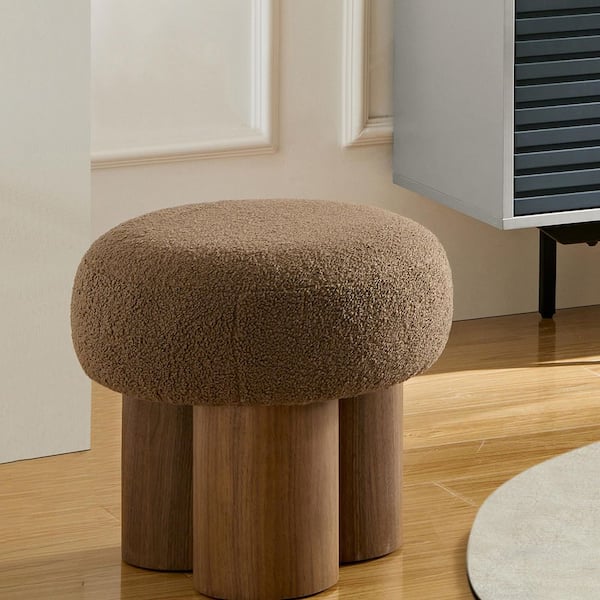 15.75 in. H Brown Lamb Wool Mushroom Stool with Fabric Seat Wood Frame (Set of 2)