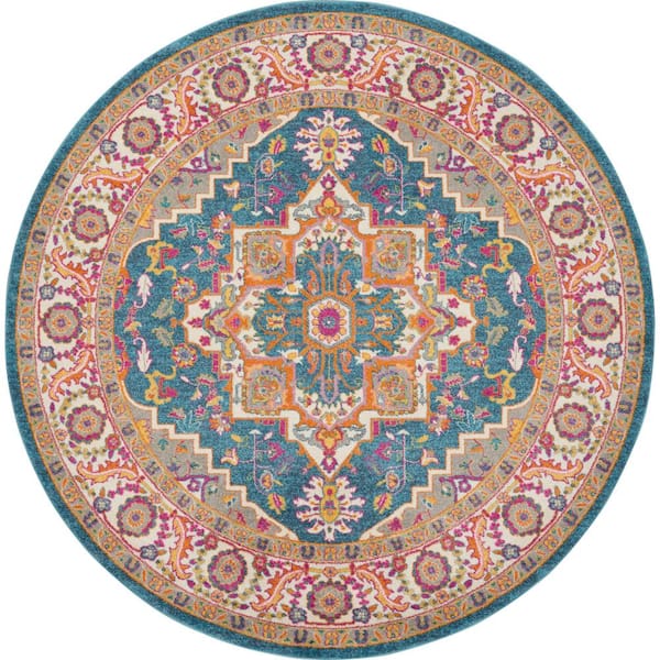 Nourison Passion Teal/Multicolor 8 ft. x 8 ft. Persian Bohemian Round Area Rug