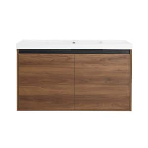 35.43 in. W x 18.11 in. D x 20.47 in. H Wall-Mounted Bath Vanity in Brown with White Resin Vanity Top