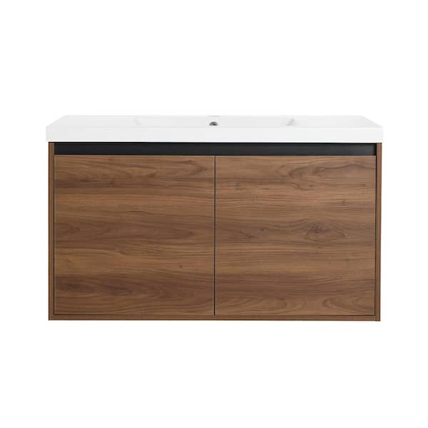 35.43 in. W x 18.11 in. D x 20.47 in. H Wall-Mounted Bath Vanity in Brown with White Resin Vanity Top