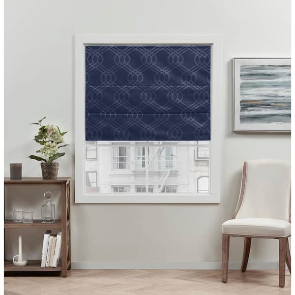EXCLUSIVE HOME Prague Trellis Navy Cordless Total Blackout Polyester Roman Shade 27 in. W x 64 in. L