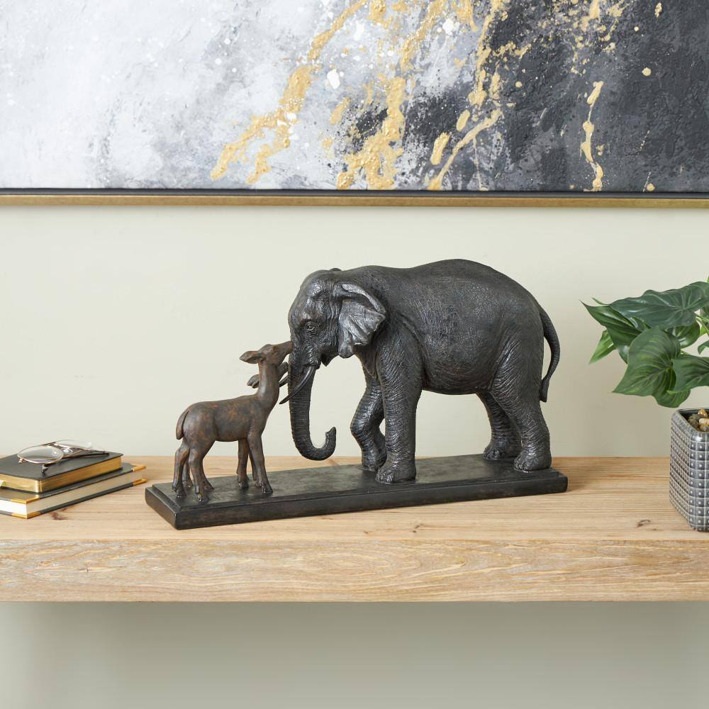 Litton Lane 11 in. x 20 in. Black Resin Walking Elephant Sculpture