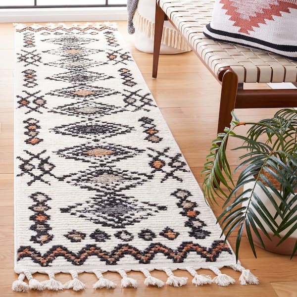 Moroccan Tassel 2 ft. x 9 ft. Ivory/Orange Aztec Tassel Runner Rug