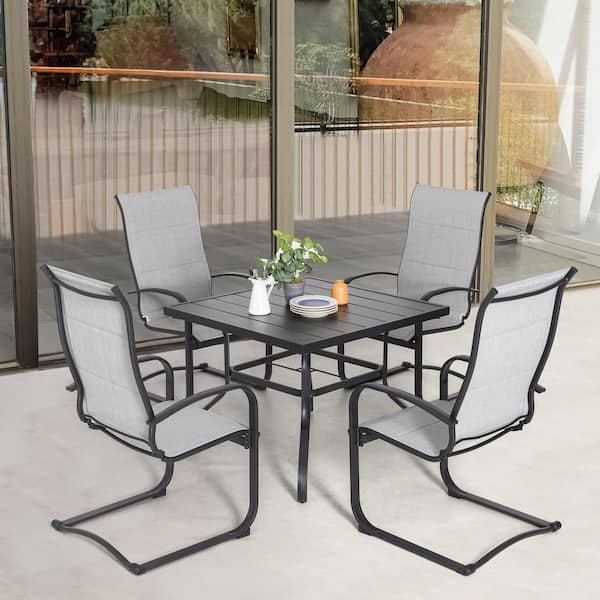 Nuu Garden Gray 5-Piece Textilene and Iron Outdoor Dining Set, 4 Chairs and 37 in. Square Dining Table with 1.57 in. Umbrella Hole
