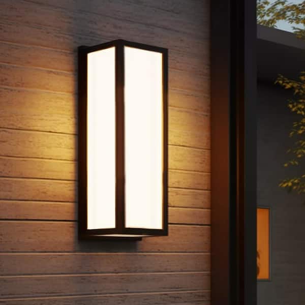 15.7 in. Black Cylinder Modern Integrated LED Indoor/Outdoor Porch Light Wall Lantern Sconce with White Shade